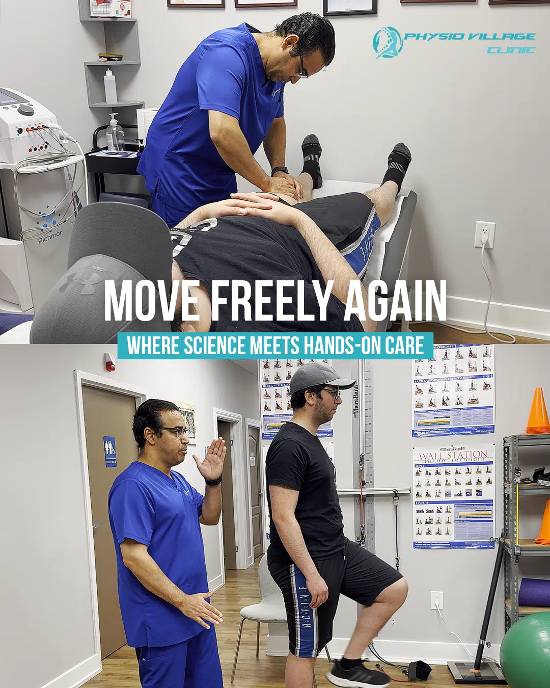 Physiotherapy for Knee Pain in Oakville: Dr. Mohammed (Mo) Abdelbaky, Registered Physiotherapist, performing manual therapy and supervising knee exercise at Physio Village Clinic Oakville for knee pain relief.