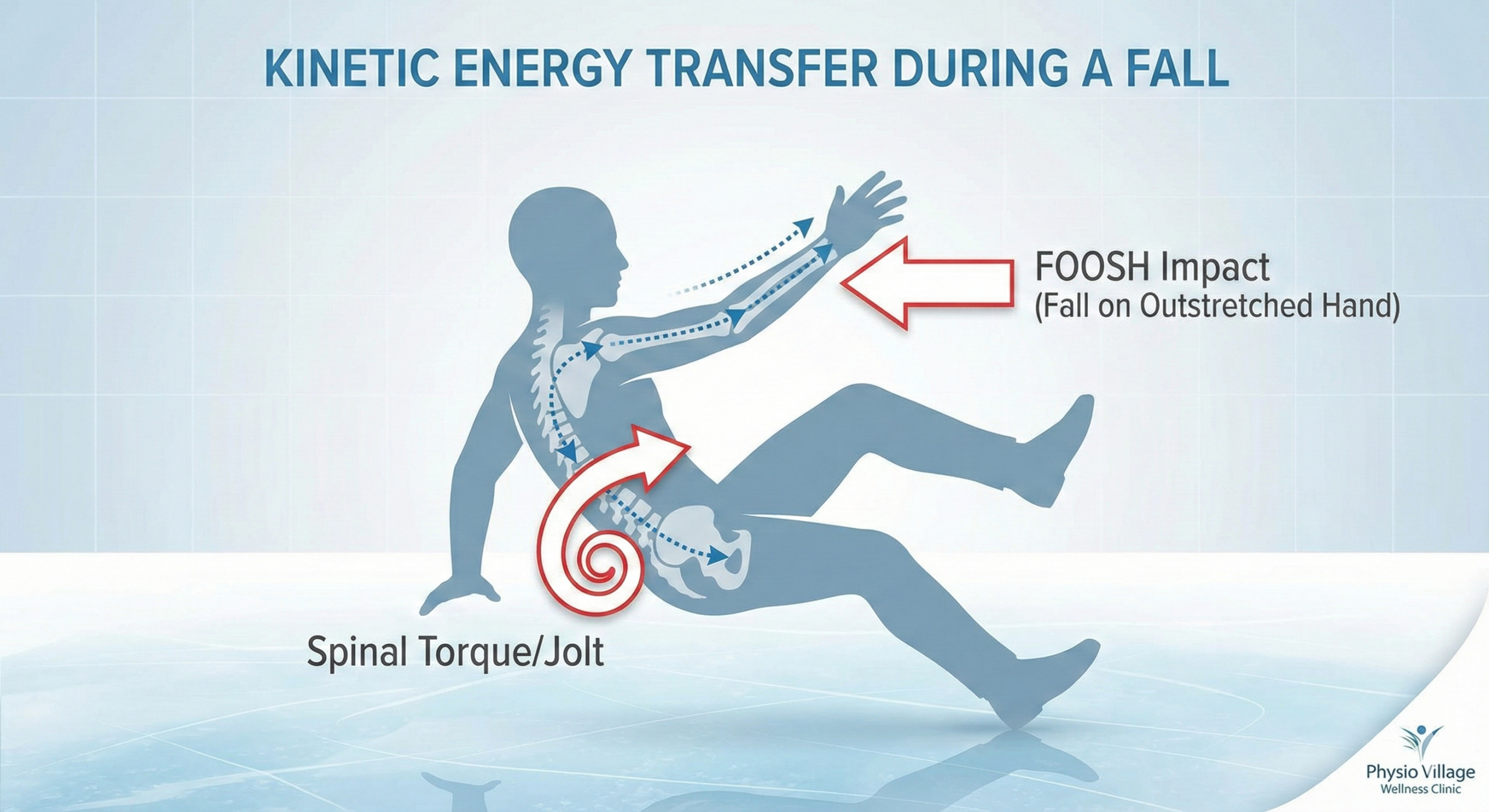 A professional medical illustration showing a silhouette of a person slipping on a blue icy surface. Use arrows to show the "Force Vectors"—one pointing to the wrist (labeled FOOSH Impact) and a curved arrow at the lower back (labeled Spinal Torque/Jolt)