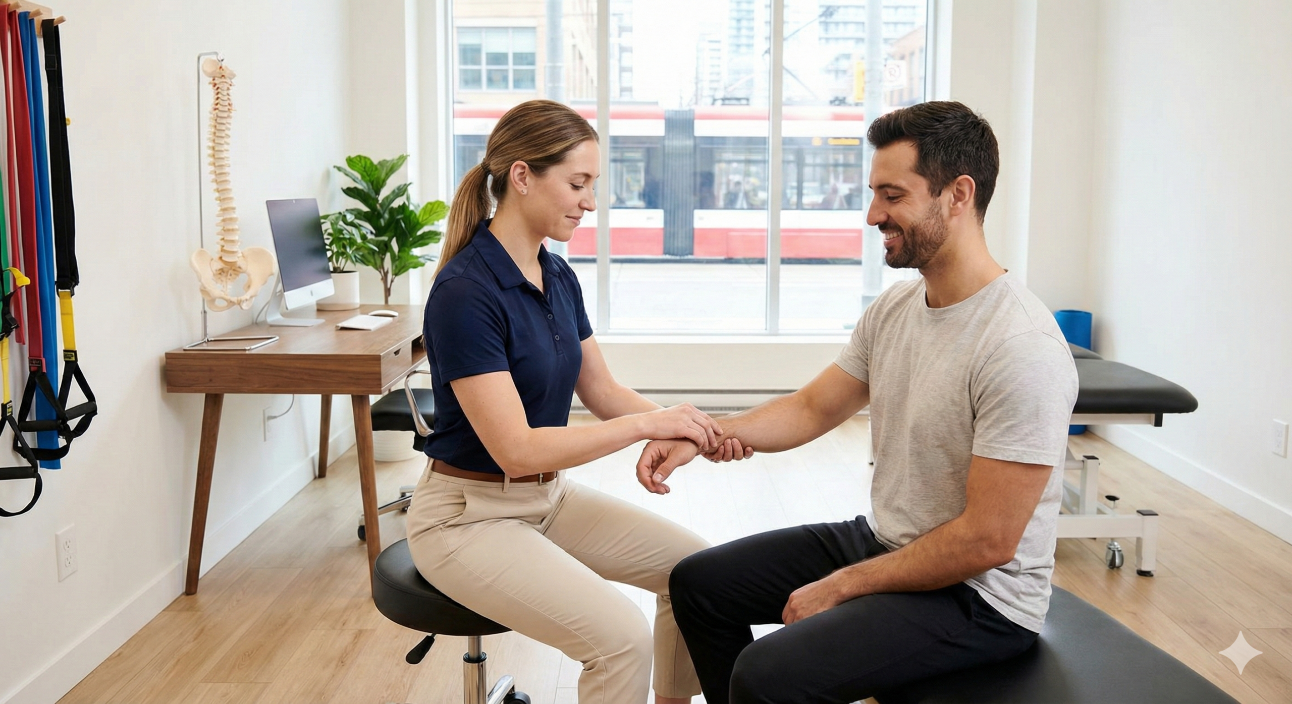A warm, inviting photograph of an in-person consultation at a modern clinic in Ontario. A physiotherapist is shown gently palpating a patient's wrist while a spine model stands on the desk in the background, subtly indicating expertise in both back