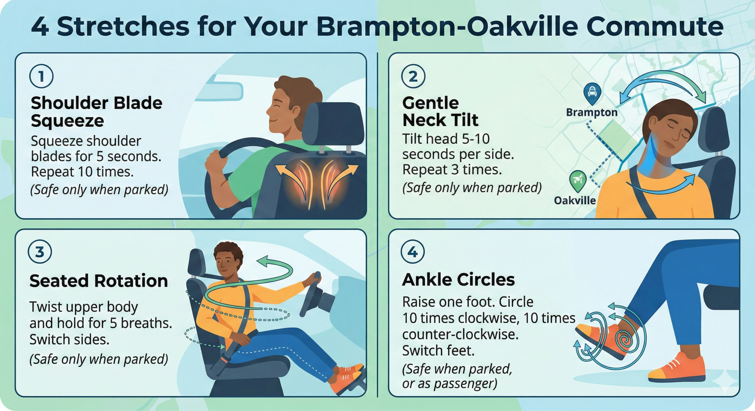 4-step in-car stretch routine to relieve Ontario back pain for commuters on the Brampton-Oakville drive, including shoulder squeezes and seated rotations - physiovillage