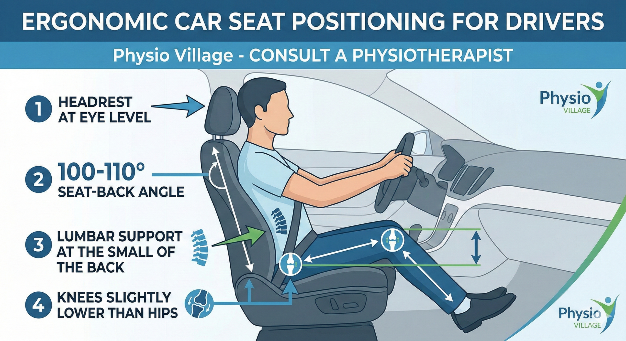 Professional ergonomics guide for a neutral sitting position to prevent back pain while driving during a GTA commute, featuring headrest and lumbar support tips. - physiovillage