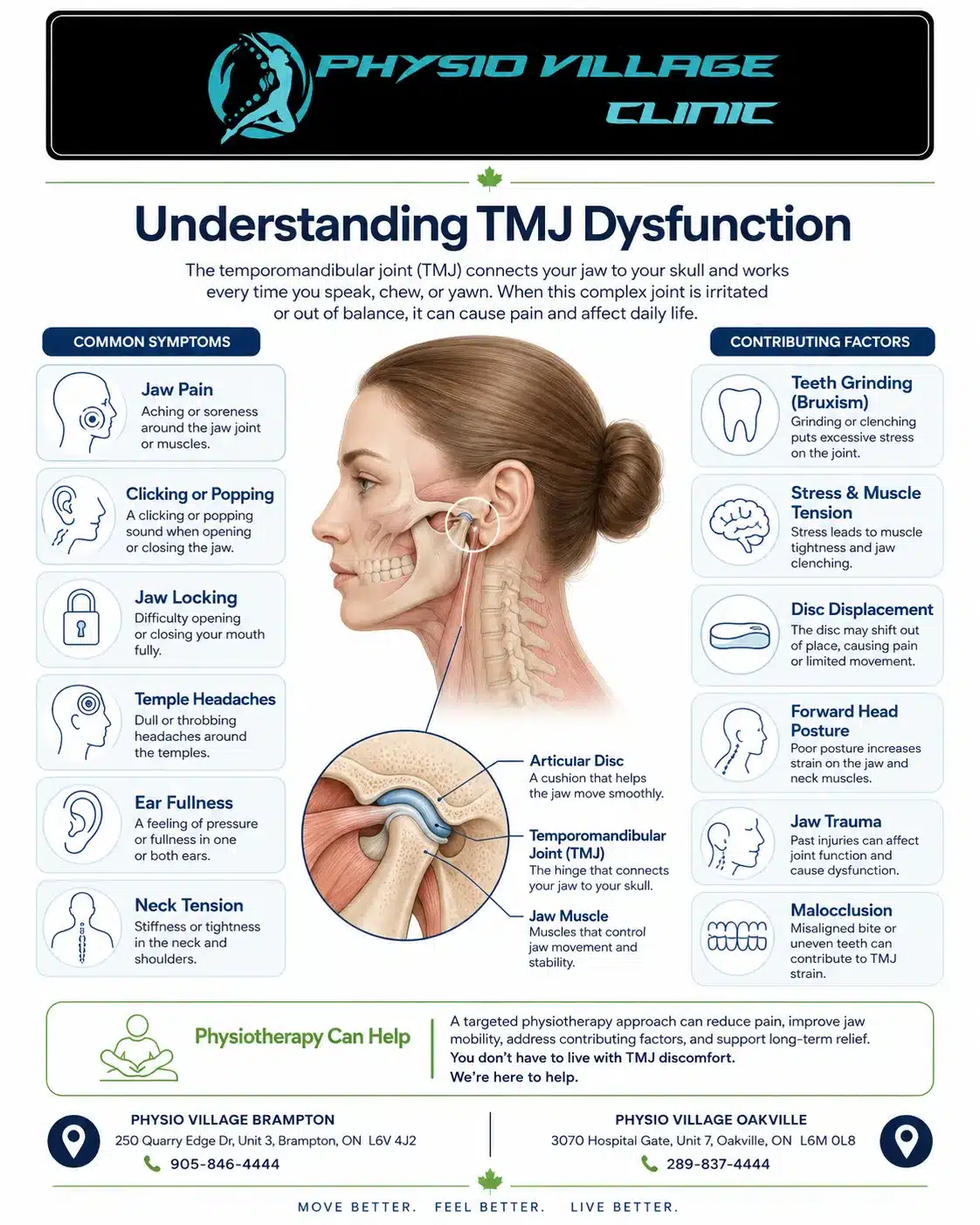 Clinical infographic explaining TMJ disorder symptoms and contributing factors including jaw pain, clicking, bruxism, posture, and muscle tension.