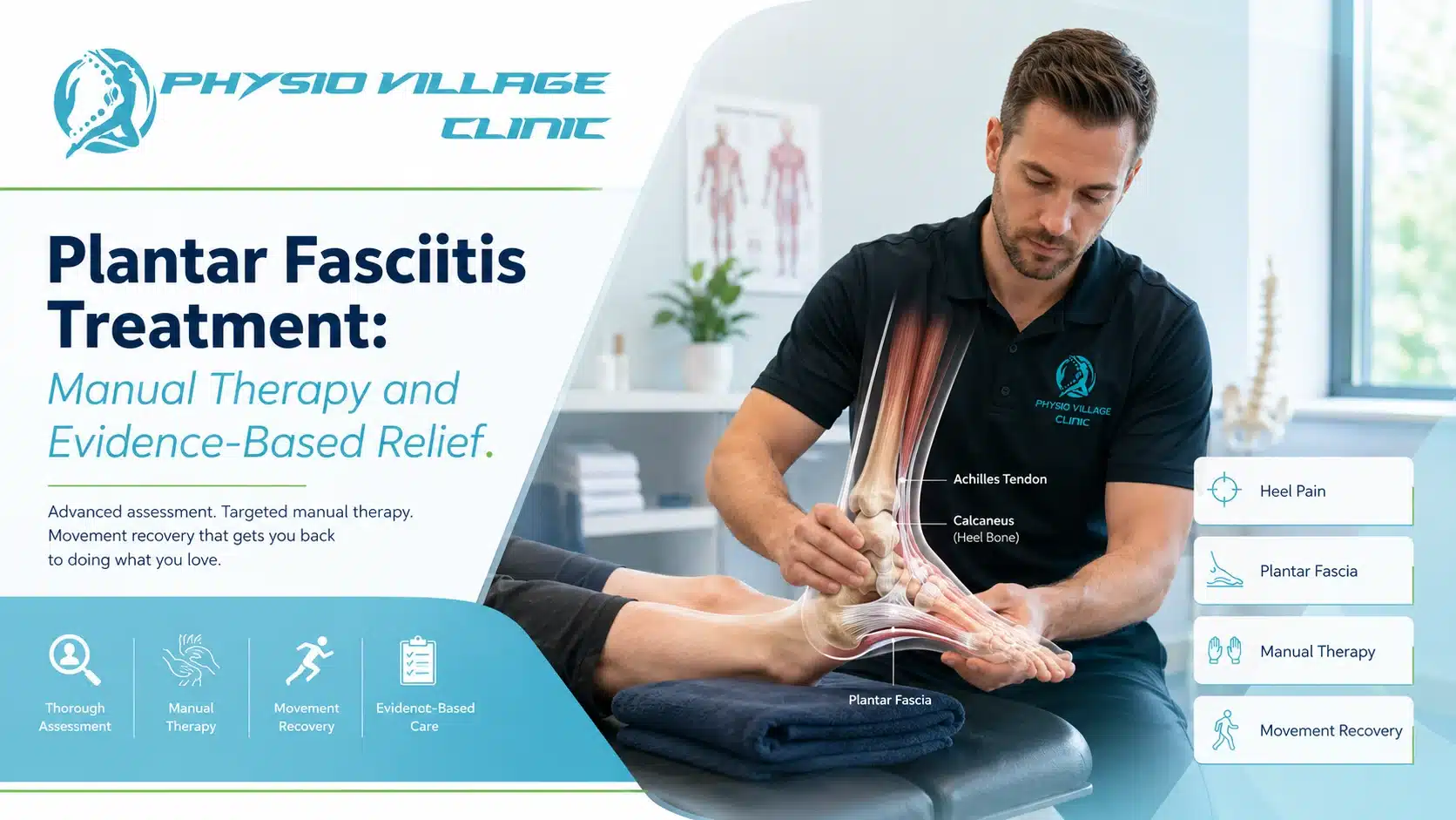 Clinical infographic explaining plantar fasciitis symptoms and contributing factors including heel pain, calf tightness, overpronation, and footwear issues.