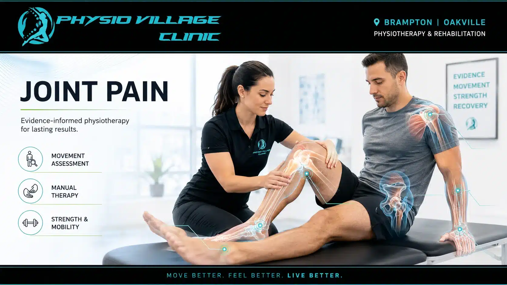 Physiotherapist assessing a patient with joint pain using movement analysis and gentle manual therapy in a modern clinic.