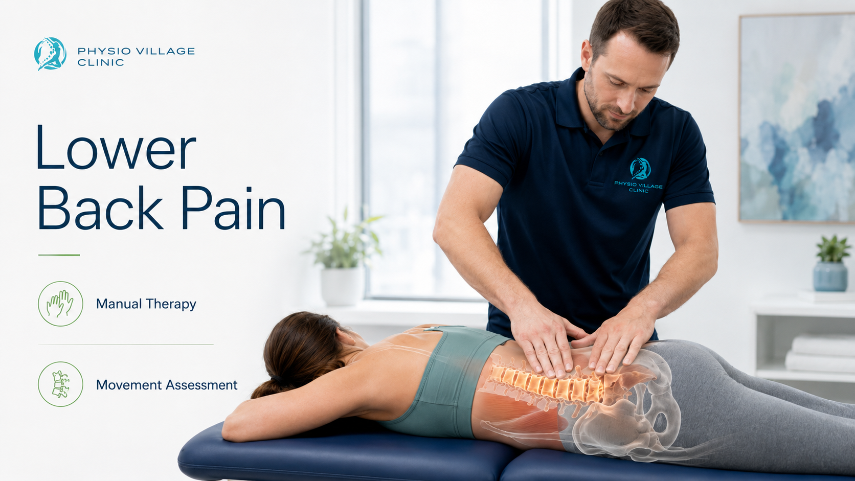 Physiotherapist assessing a patient’s lower back with a subtle lumbar spine anatomy overlay, representing manual therapy for lower back pain.